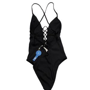 Cupshe NWT Black One‑Piece Swimsuit Lace‑Up Front, V‑Neck, High Cut Size XXL